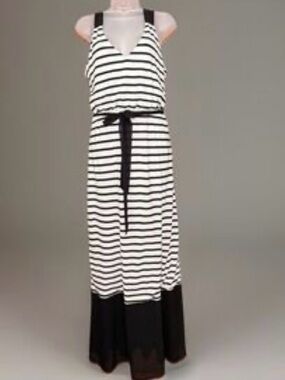 Express Black and White Striped Maxi Dress with Contrast Hem